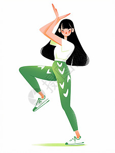 穿着绿色裤子白色T恤开心练瑜伽的卡通女孩背景图片