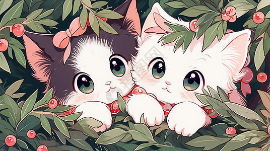 在植物中趴在一起睡觉的两只可爱卡通小花猫插画