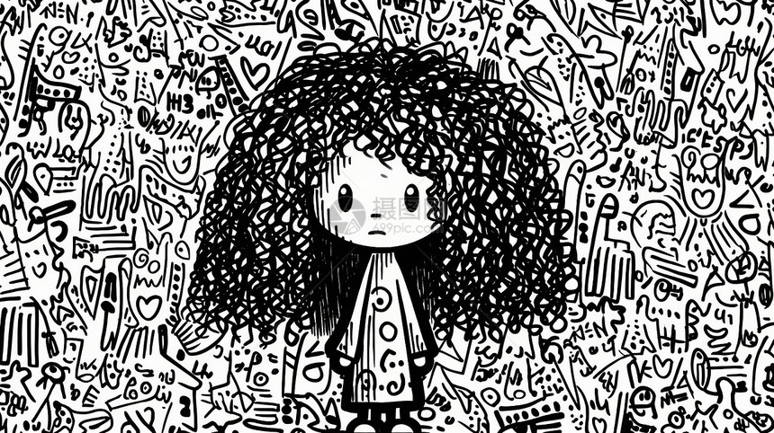 蓬蓬长发可爱的涂鸦风卡通小女孩图片