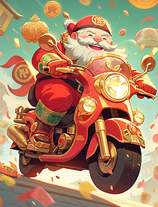 漫天落钱骑着摩托车送財开心笑的卡通财神爷背景图片