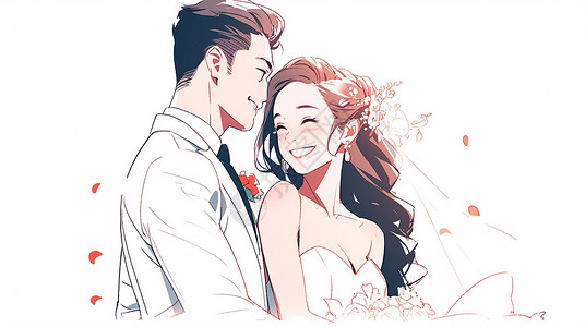女开心幸福结婚的卡通男女青年插画
