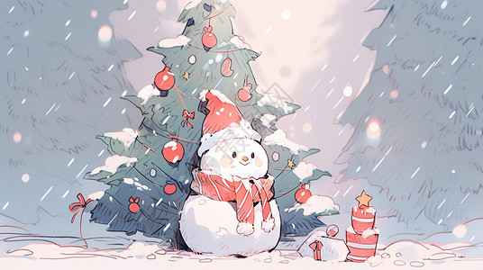 大雪中围着红色围巾在圣诞树旁的可爱卡通小雪人高清图片