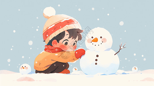 男孩认真站岗冬天在雪地中围着红色围巾认真堆雪人的可爱卡通小男孩插画