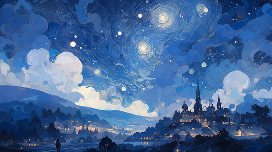 欧式城堡背景远处高高的欧式复古卡通城堡与梦幻的星空插画
