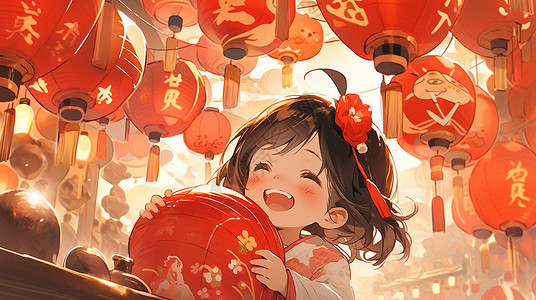 抱着红色灯笼头戴红色小花开心笑的卡通小女孩背景图片
