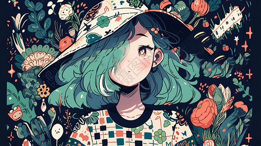 绿色头发戴着花帽子的小清新卡通小女孩背景图片