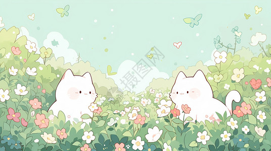 嬉戏小猫在花丛中嬉戏的两只卡通小白猫插画