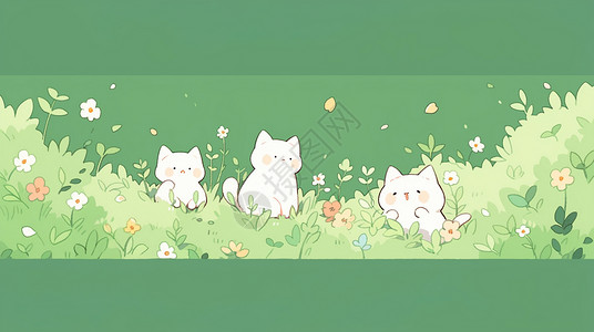 三只在草地上玩耍的卡通小白猫背景图片