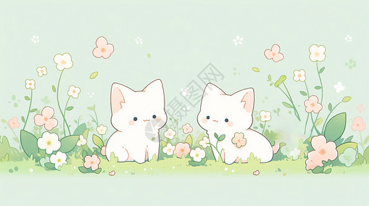 两个互相对视的可爱卡通小奶猫在草地上插画