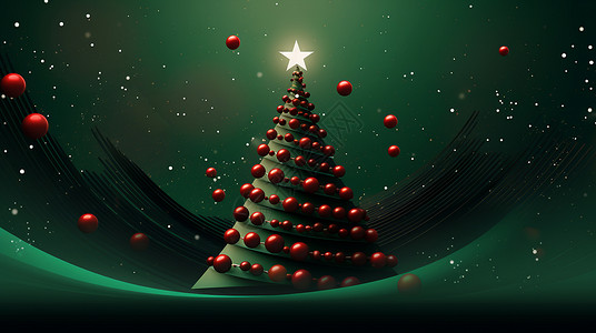 挂着很多红色球的墨绿色卡通圣诞树背景图片