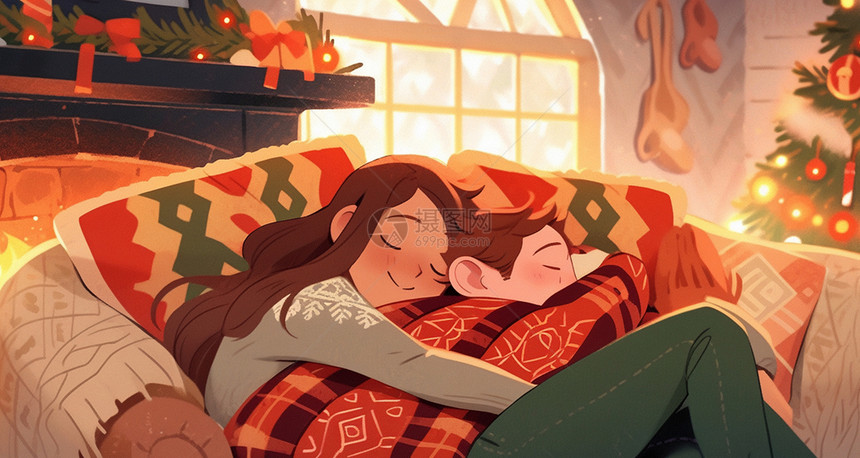 圣诞节窝在沙发上睡觉的卡通情侣图片