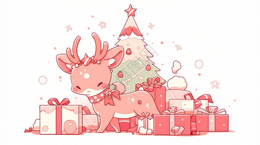 圣诞节在很多礼物中开心笑的卡通小驯鹿背景图片