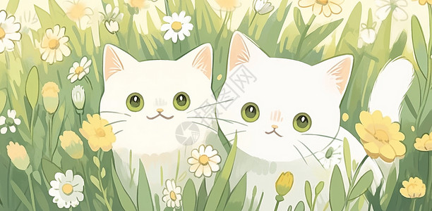 躲在草丛中两只大眼睛可爱的卡通小白猫插画