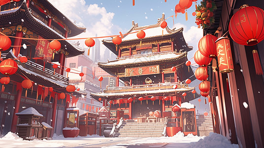 喜庆的节日挂着很多大红灯笼的卡通古建筑背景图片