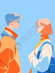 眼镜背包男青年戴着眼镜的卡通情侣面对面扁平风插画插画
