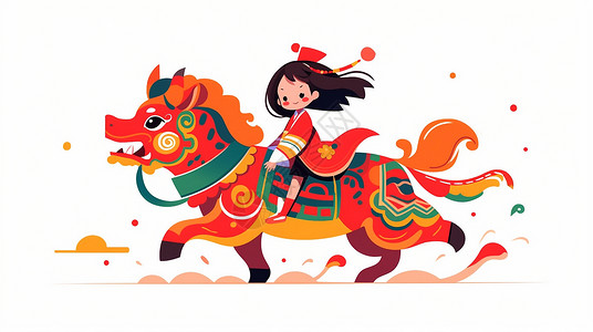 穿着红色喜庆的衣服骑着瑞兽的可爱卡通小女孩背景图片