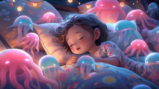 窝在被窝躺在被窝里睡觉的可爱卡通小女孩与梦幻飞舞的卡通水母插画