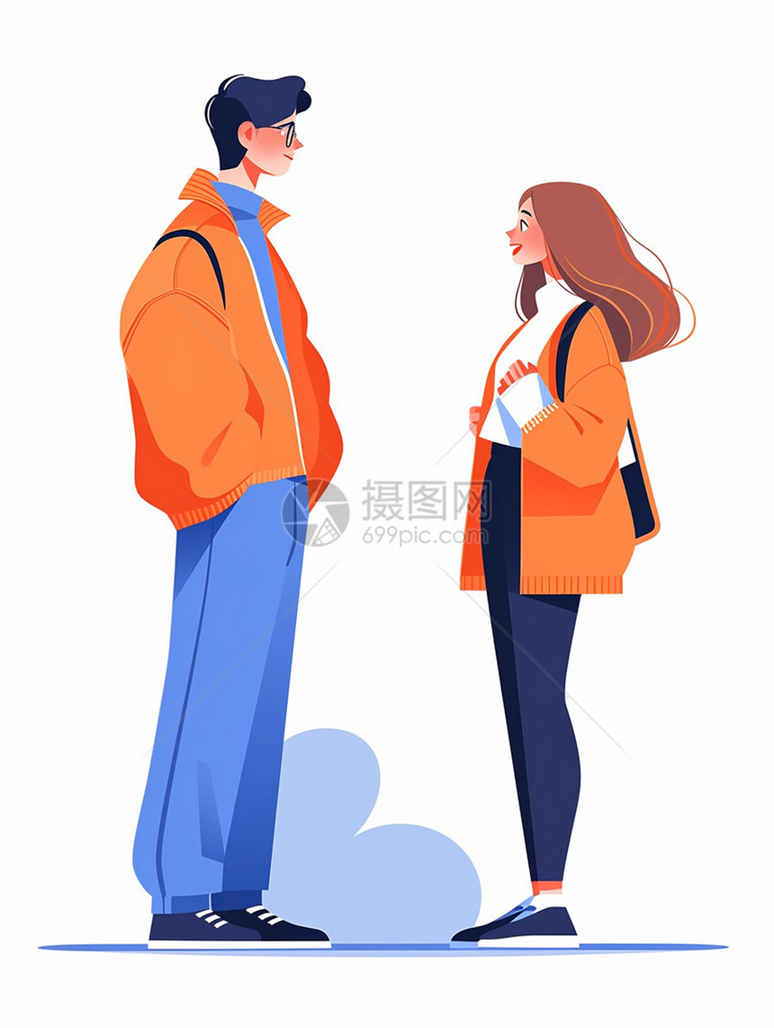 穿着橙色针织外套谈话的卡通男青年女青年图片