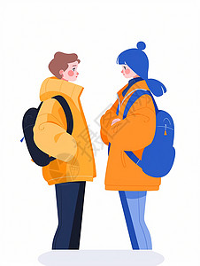 背着包面对面谈话的卡通情侣背景图片