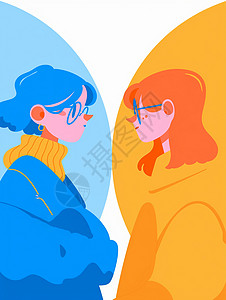 时尚的扁平风两个卡通女青年面对面背景图片