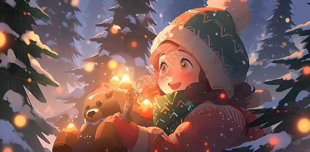 雪中圣诞树下抱着礼物开心笑的卡通女孩背景图片