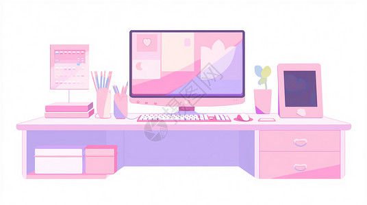 简约办公桌背景粉色调办公桌上放着一个卡通电脑插画
