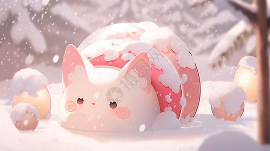 一窝小猫大雪中在粉色窝旁可爱的卡通小猫插画
