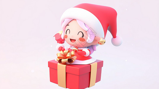 穿着圣诞裙坐在红色礼物盒上开心笑的卡通小女孩背景图片