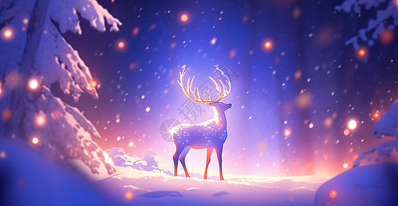 雪中在梦幻森林中有大大鹿角的卡通驯鹿背景图片