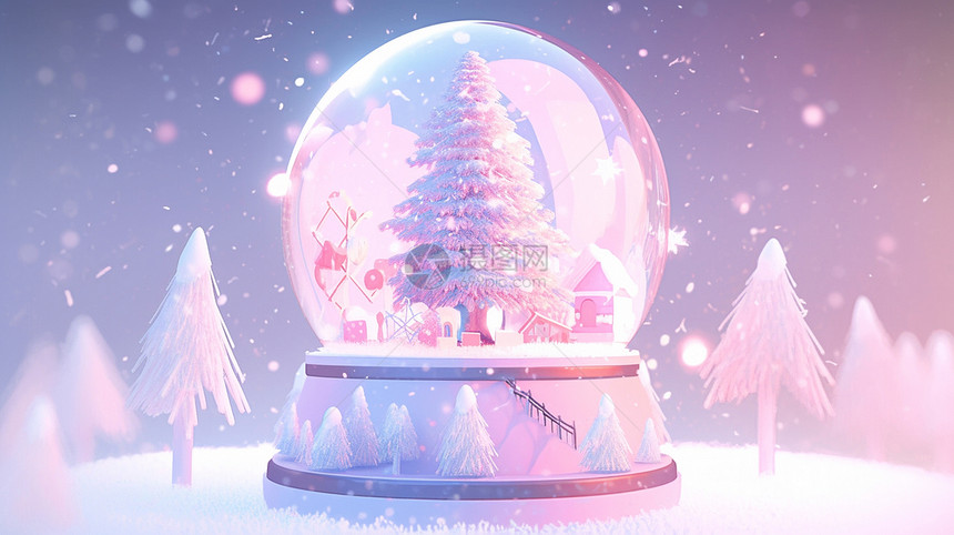 紫色调有圣诞树的漂亮卡通水晶球图片