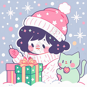 戴着红色圣诞帽的卡通女孩与宠物猫一起看着礼物背景图片