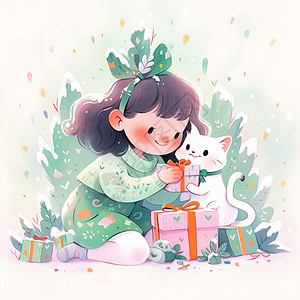 与宠物猫一起抱着圣诞礼物的卡通小女孩在微笑背景图片