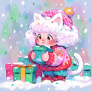 大雪中抱着圣诞礼物盒开心微笑的可爱卡通猫女孩背景图片