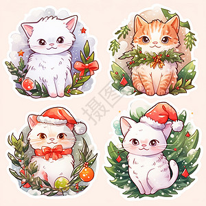 圣诞节几幅可爱的卡通小猫场景插画背景图片
