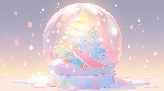 大雪中花里漂亮的卡通水晶球中有一棵圣诞树背景图片