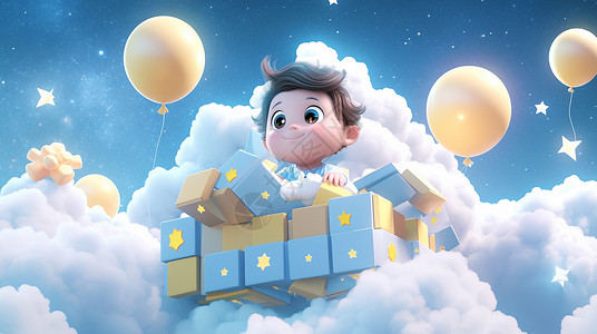 在空中魔方云朵上可爱的卡通小男孩背景图片