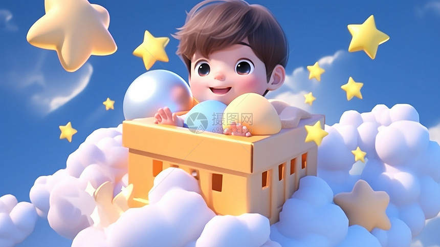 在礼物盒中开心笑的卡通小男孩漂浮在空中图片