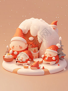 圣诞节雪屋旁多个可爱的卡通圣诞老人背景图片