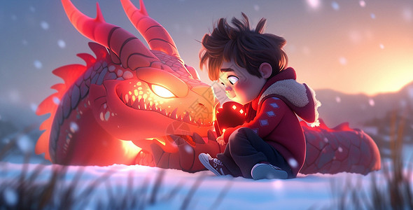 喜庆的夜晚大雪中与红色卡通龙对视的卡通小男孩背景图片