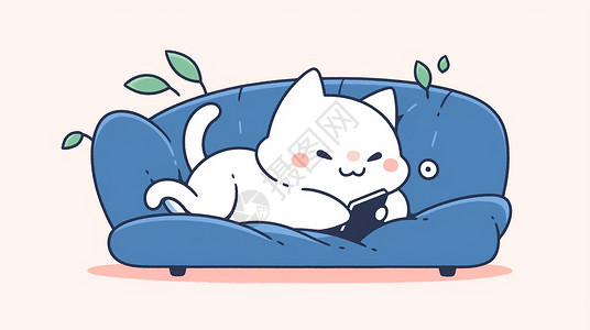 趴在蓝色沙发上看手机的可爱白色大猫背景图片