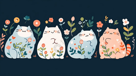 四只可爱的卡通肥猫与植物背景图片
