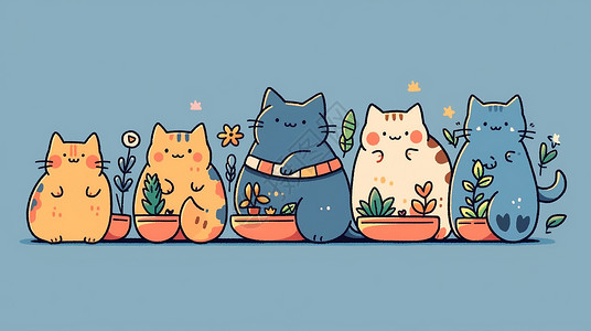 一排简约可爱的卡通小猫们在花盆旁高清图片