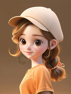米色麻布戴着米色帽子穿橙色T恤可爱小清新卡通女孩插画