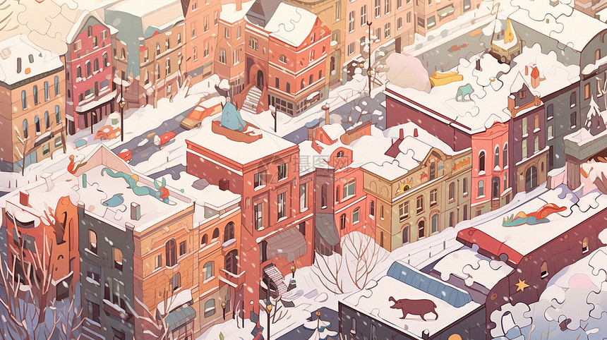 冬天雪后的卡通城市俯视图图片