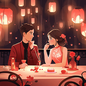 一起共进晚餐甜蜜对视的卡通情侣背景图片