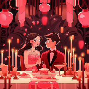 在烛光晚餐上甜蜜对视的卡通情侣背景图片
