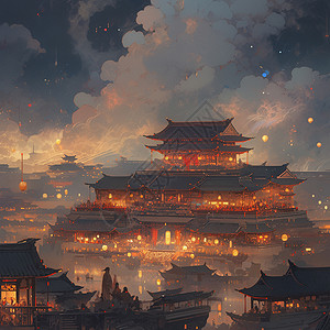 灯火通明的古风卡通建筑喜庆夜晚背景图片