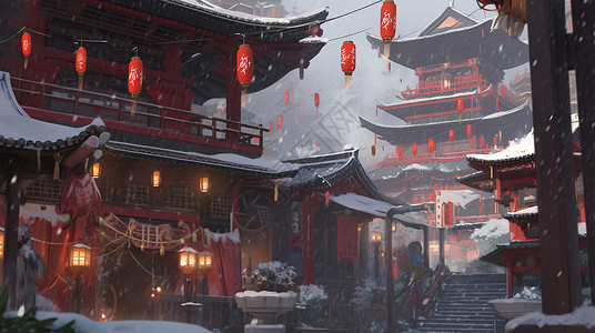 大雪中挂着喜庆红灯笼的古风卡通建筑背景图片