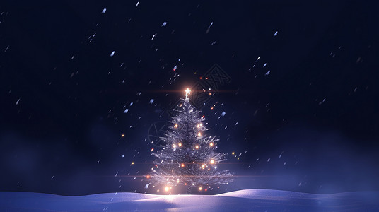 冬天夜晚有华丽灯装饰的卡通圣诞树背景图片