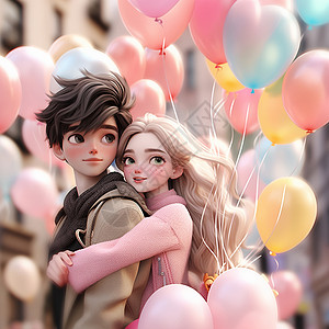 甜蜜的卡通情侣在欣赏气球背景图片